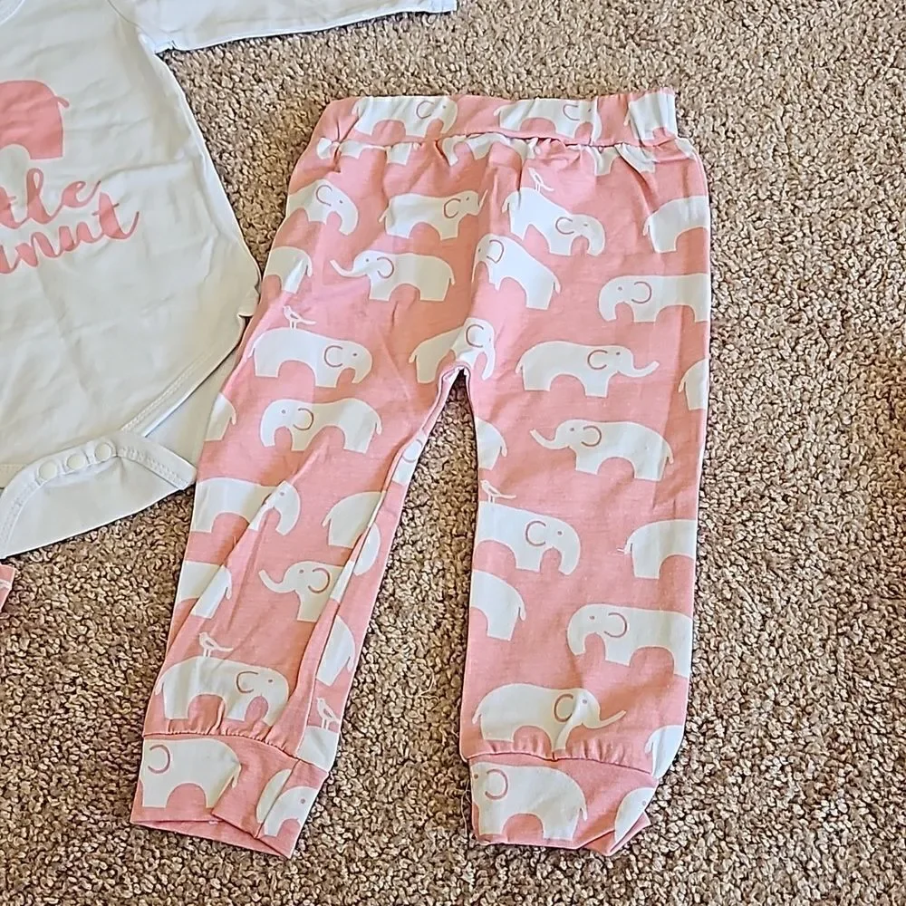 NWOT  Cotton onesie with matching pants and hat with little elephant print